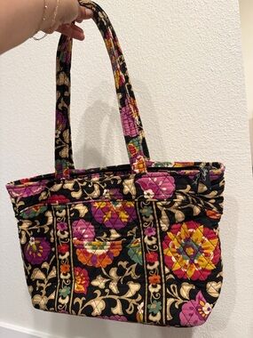 Vera Bradley Black Quilted Floral Tote with Purple, Pink, Orange & Green Suzani